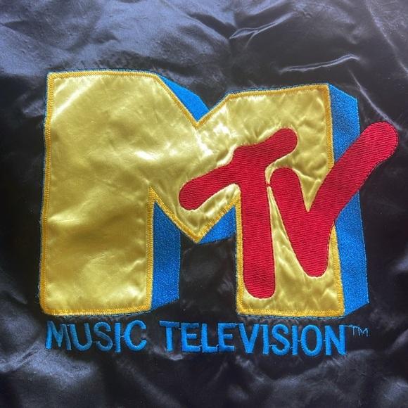 VINTAGE MTV Music Satin Jacket Black Bomber 80s Size Large - Picture 3 of 6